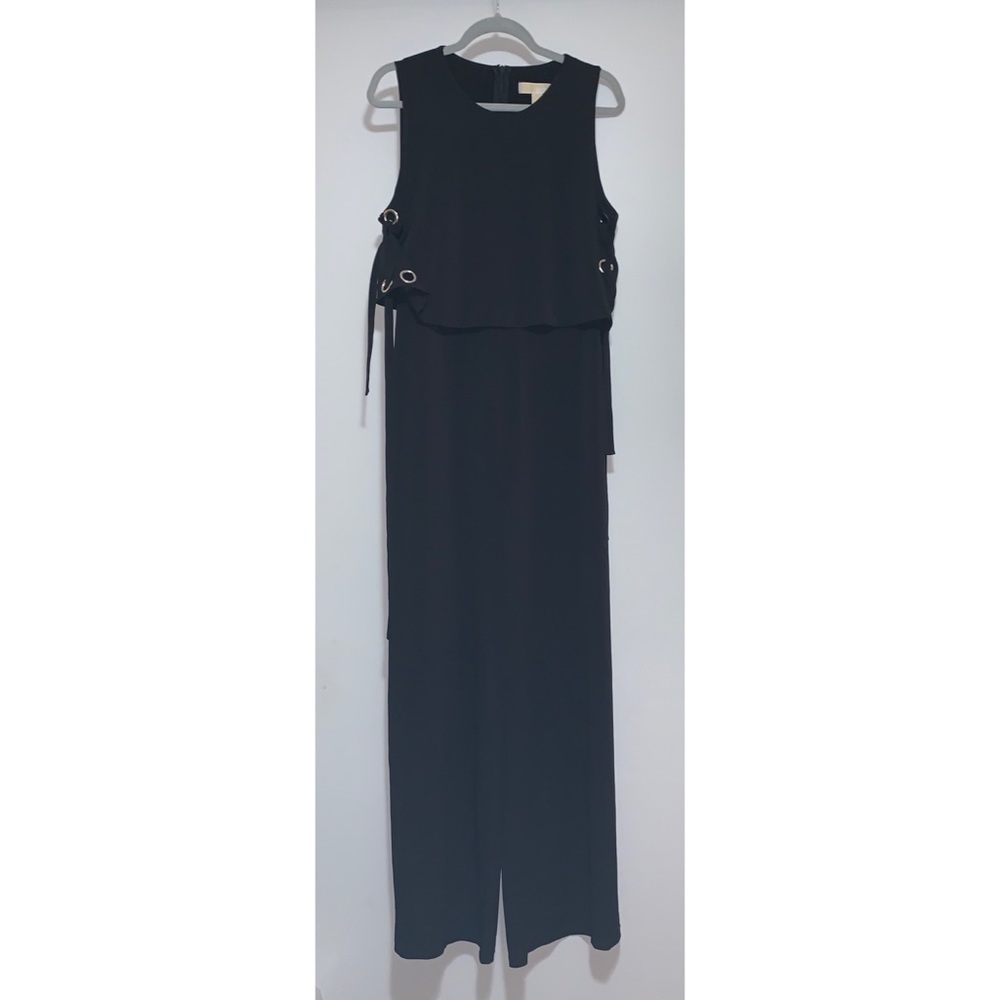 Michael Kors black jumpsuit sz L. Silver rings